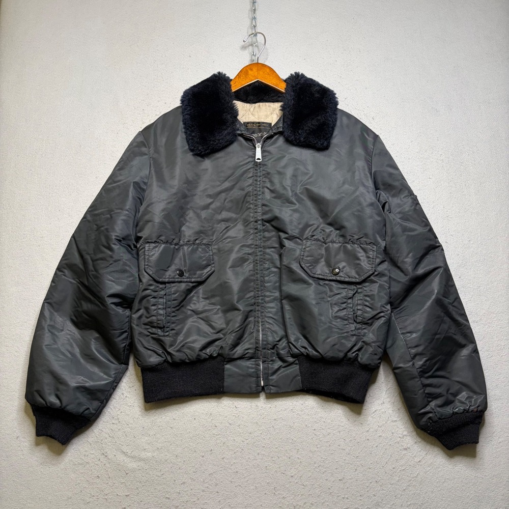 JCPenney Bomber Jacket Mens L Black Vintage Talon Zip Faux Fur Collar Flight